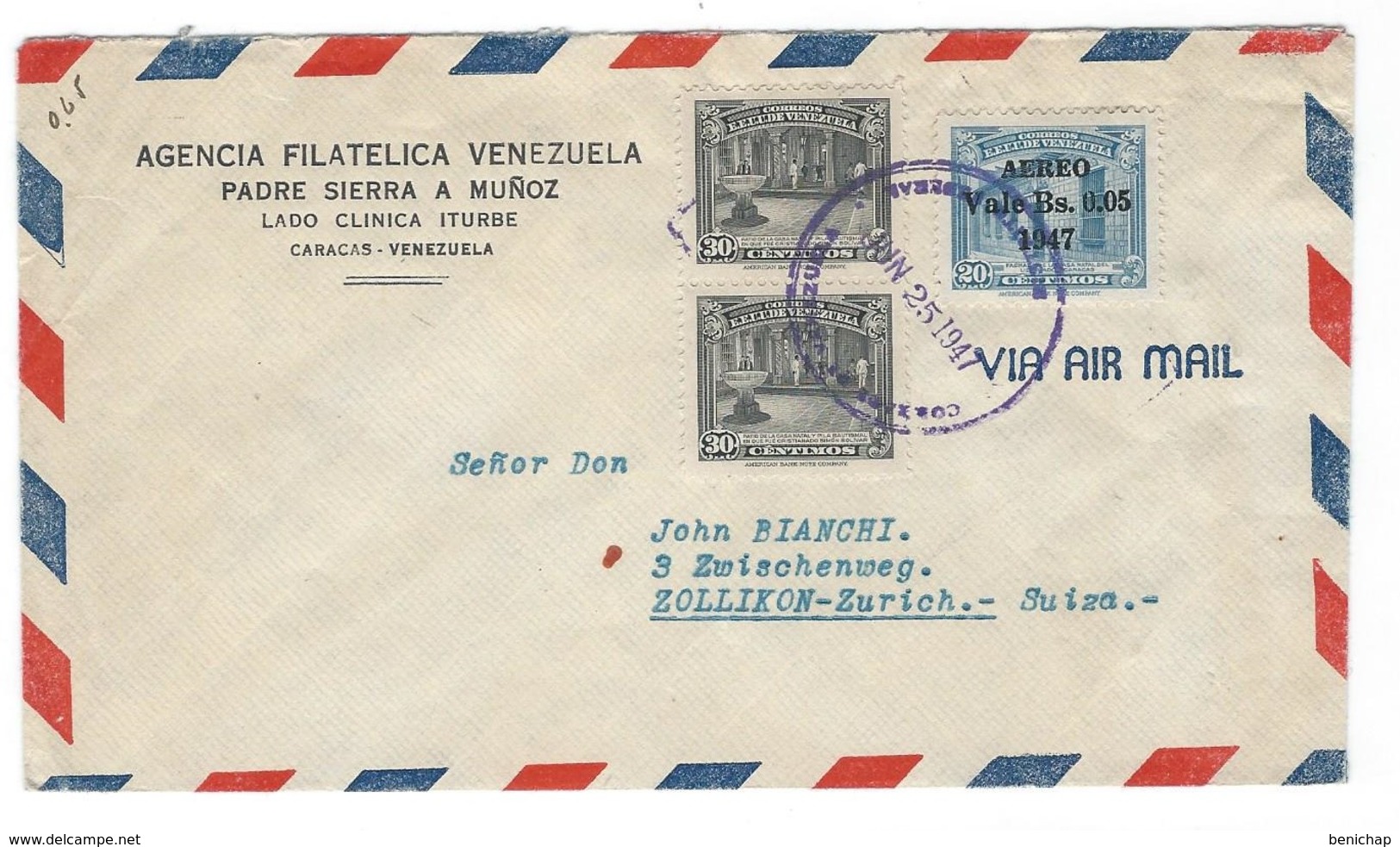 COVER CORREO AEREO VENEZUELA - CARACAS - ZOLLIKON - SUIZA.- AGENCIA FILATELICA  VENEZUELA -1947. - Venezuela