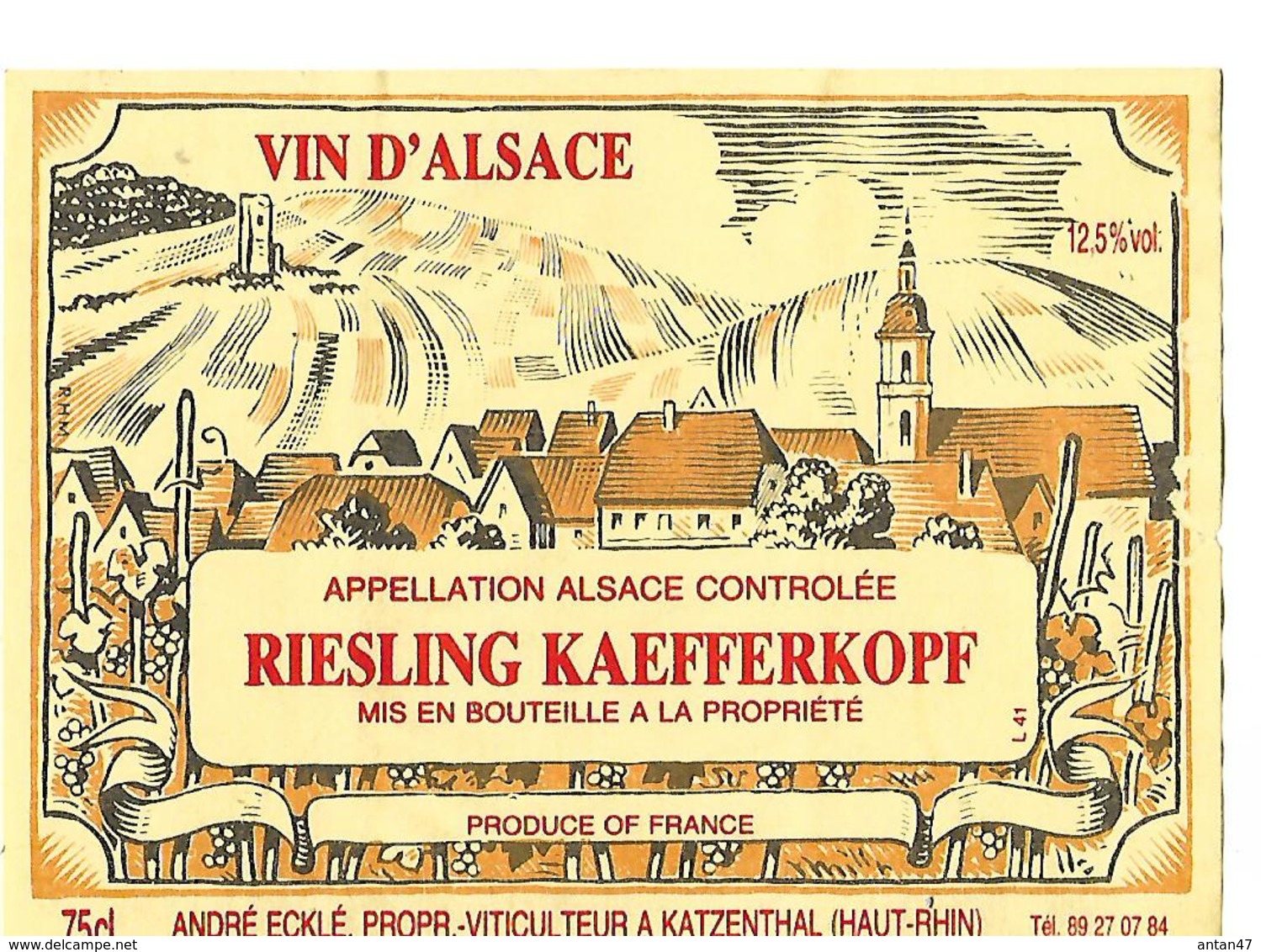 Etiquette Vins D'Alsace / 67 KATZENTHAL / A. ECKLE / Riesling Kaefferkopf - Riesling