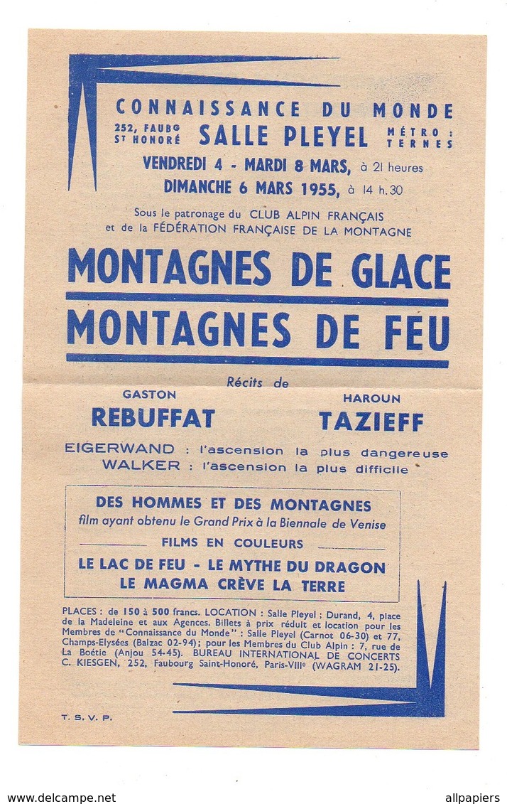 Programme Connaissance Du Monde Sous Le Patronage Du Club Alpin Français - Montagnes De Glace Montagnes De Feu - Programas
