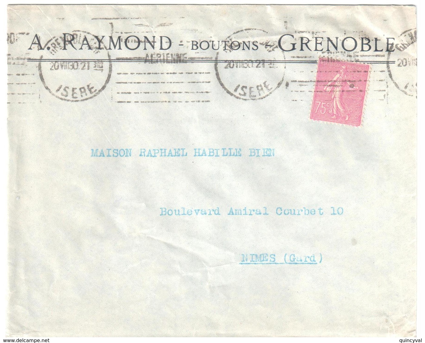 GRENOBLE Isère Lettre Entête RAYMOND Boutons Verso Logo 75c Semeuse Lignée Lilas Yv Ob Meca Krag 20 7 1930 - Lettres & Documents