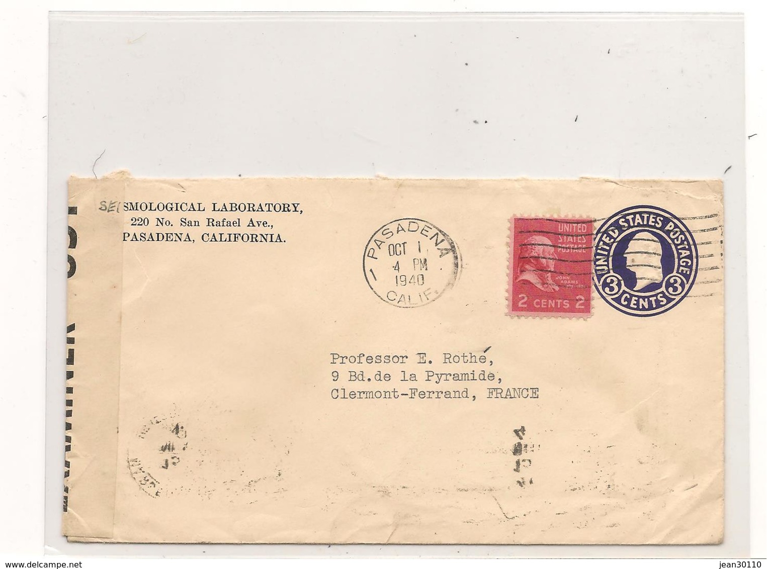 1940 ENVELOPPE AVEC CENSURE DE PASADENA ( CALIFORNIE)  POUR CLERMONT FERRAND (FRANCE) - WW II