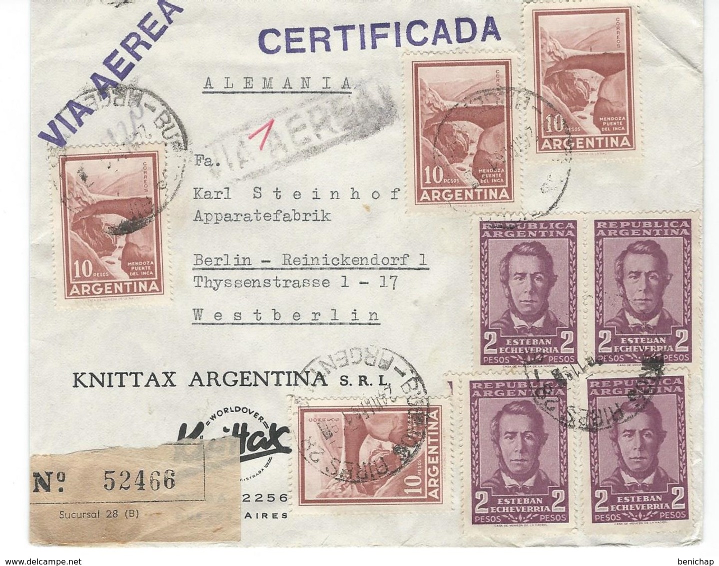 COVER CORREO AEREO ARGENTINA -  BUENOS AIRES - WEST BERLIN - ALEMANIA - KNITTAX ARGENTINA S.R.L. -  CERTIFICADO. - Postal Stationery