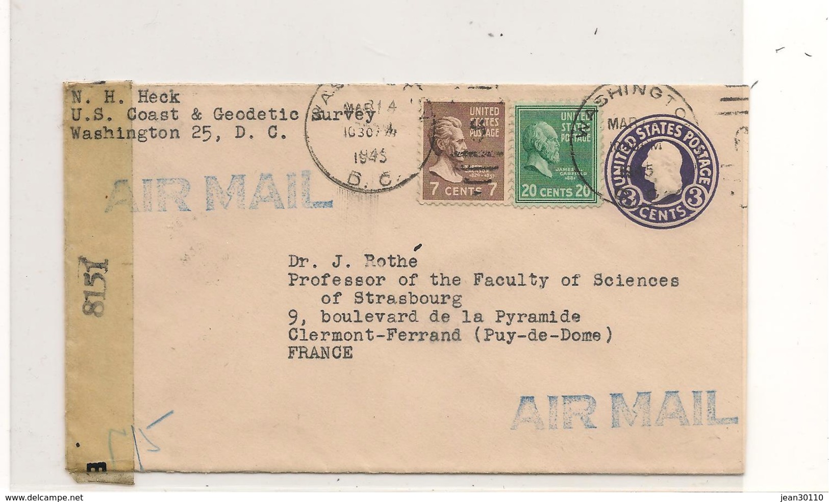 1945 ENVELOPPE AVEC CENSURE DE WASHINGTON ( ETATS UNIS)  POUR CLERMONT FERRAND (FRANCE) - WW II