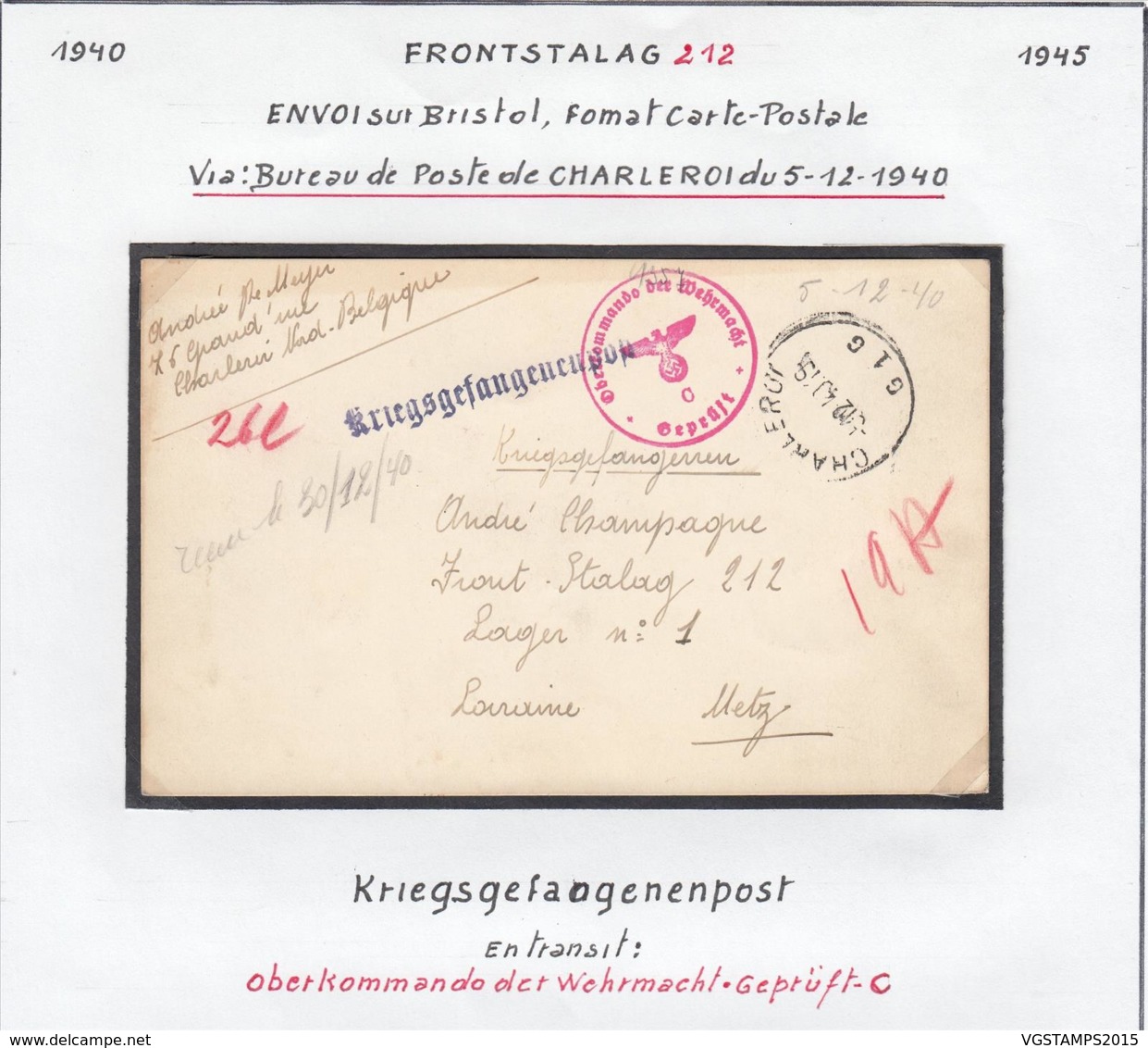 Belgique Stalag 212 - Envoi Sur Bristol, Format CP Via Bureau De Poste De Charleroi Du 05-12-1940 (VG) DC4712 - Weltkrieg 1939-45 (Briefe U. Dokumente)