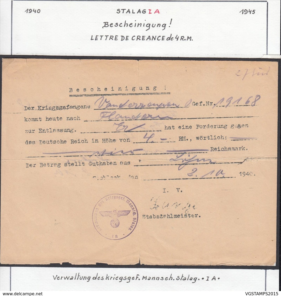 Belgique Stalag IA - Lettre De Créance De 4R.M.(VG) DC4718 - Guerre 40-45 (Lettres & Documents)