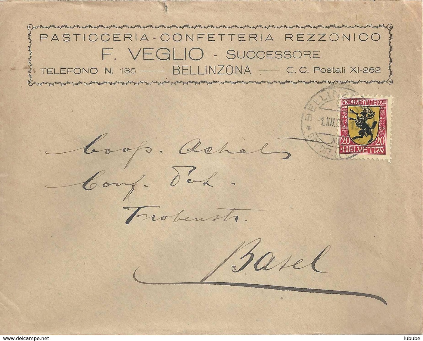 Motiv Brief  "Veglio, Pasticceria, Confetteria, Bellinzona"  (ET PJ)       1924 - Storia Postale