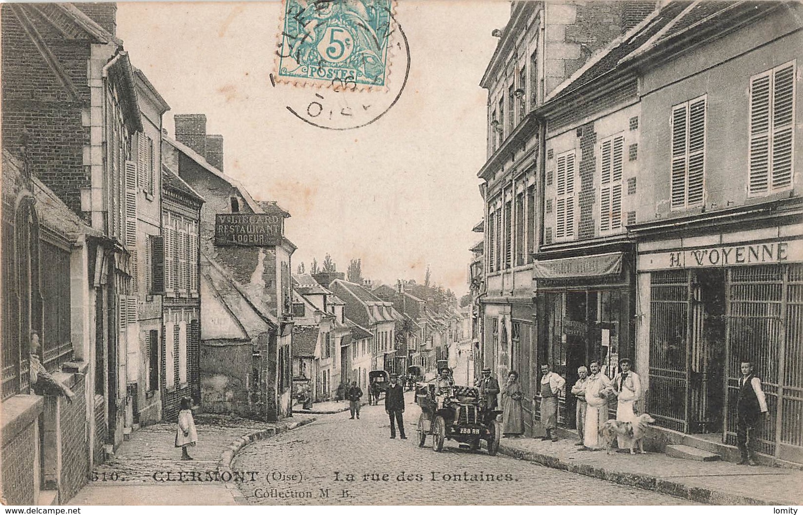 60 Clermont La Rue Des Fontaines Cpa Carte Animée Boutique Commerce Vieille Auto Automobile Cachet 1906 - Clermont