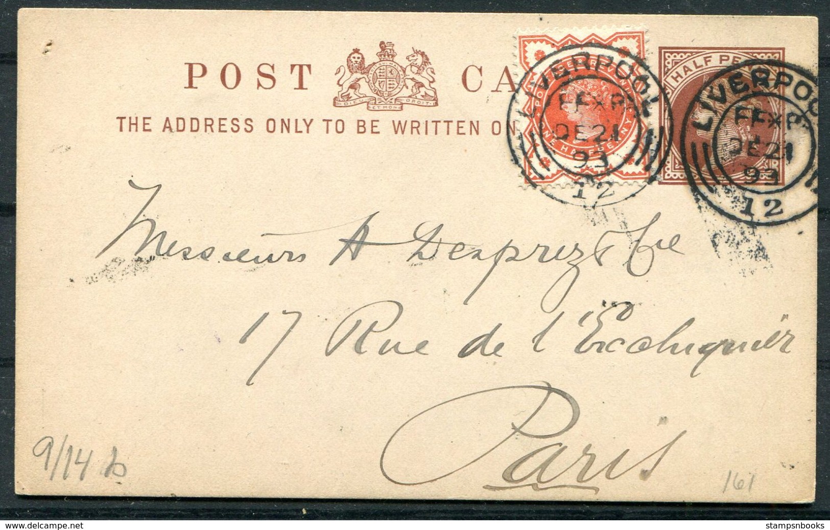 1893 GB Uprated Stationery Postcard, Hutton & Co. South Castle Street, Liverpool - Paris France - Covers & Documents