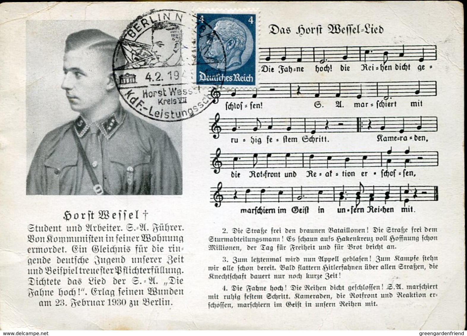 49525 Germany Reich,special Card And Postmark Berlin 4.12.194?,showing Horst Wessel,dichtete Das Lied "die Fahne Hoch"RR - Lettres & Documents