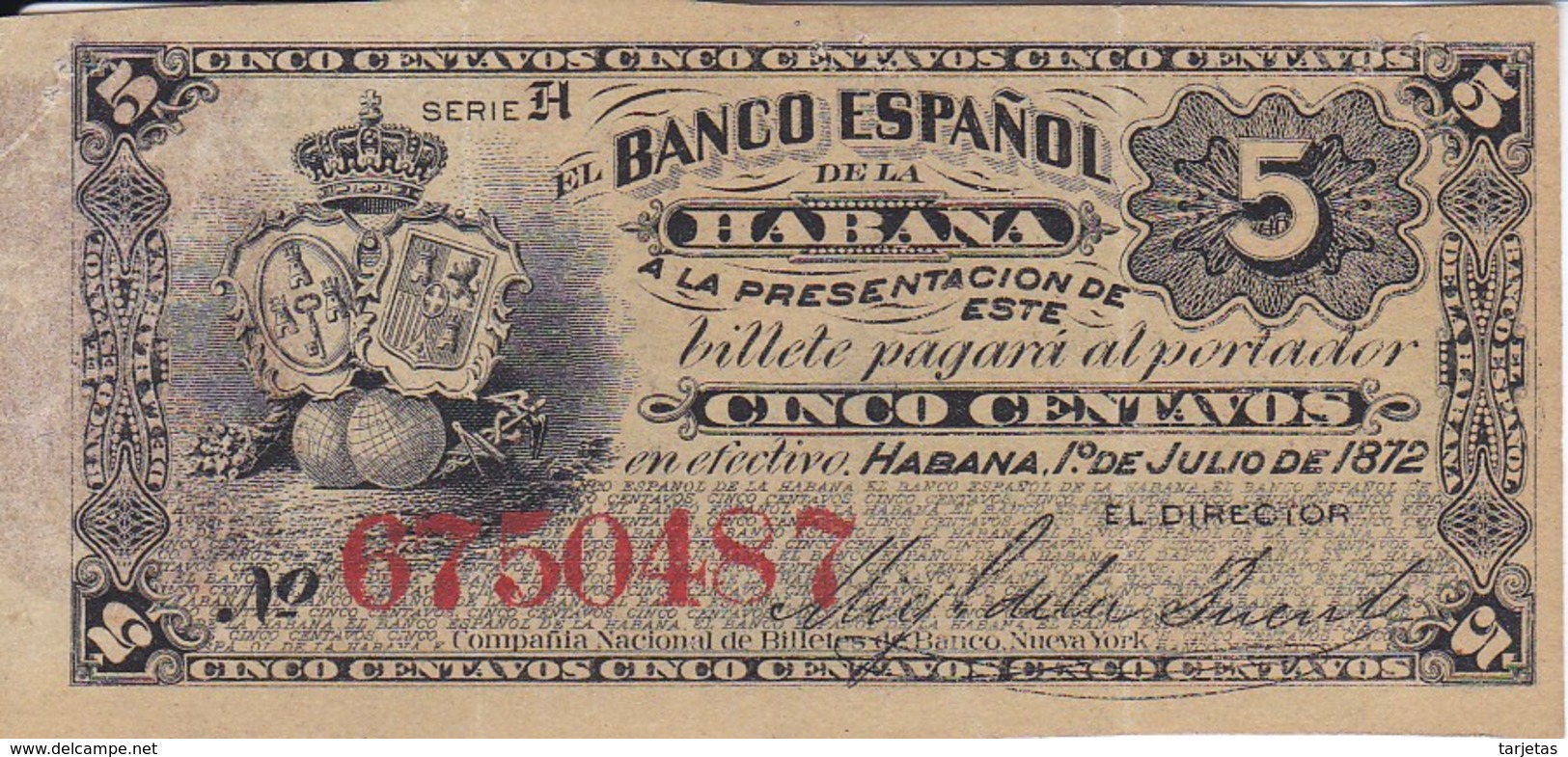 BILLETE DEL BANCO ESPAÑOL EN CUBA DE 5 CENTAVOS DEL AÑO 1872 (BANKNOTE) - Cuba