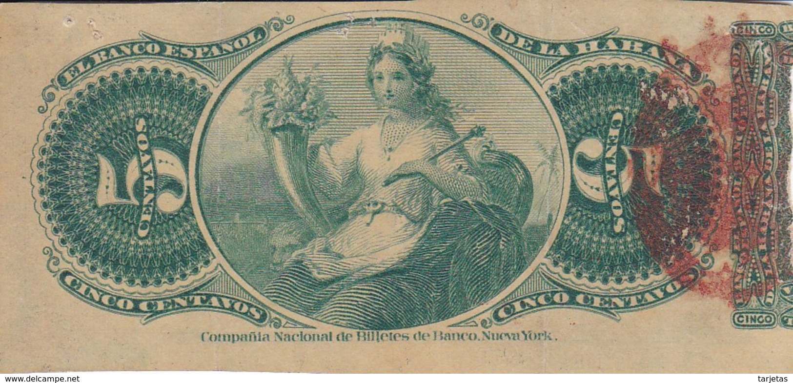 BILLETE DEL BANCO ESPAÑOL EN CUBA DE 5 CENTAVOS DEL AÑO 1872 (BANKNOTE) - Cuba