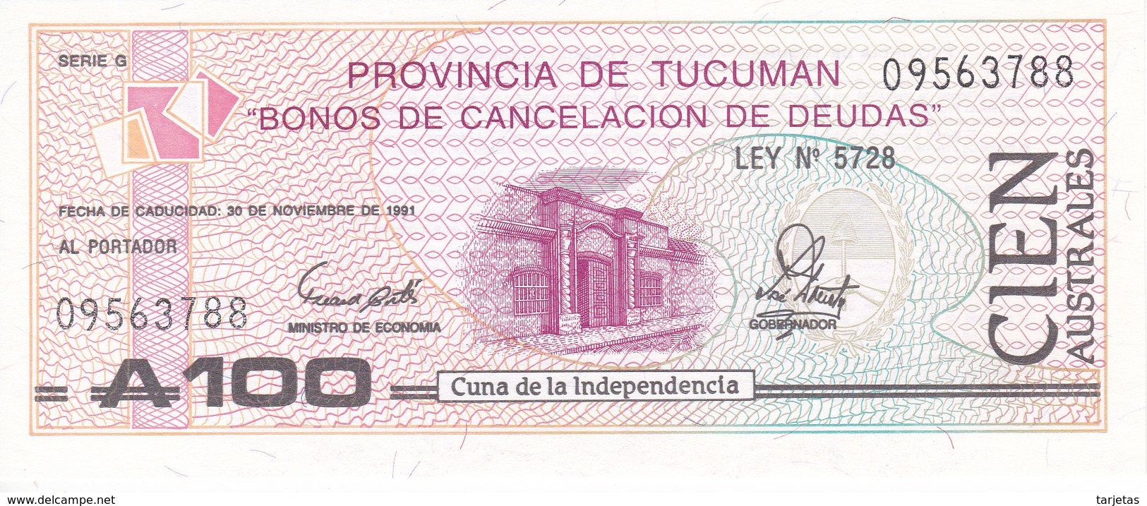 BILLETE DE ARGENTINA DE 100 AUSTRAL DEL AÑO 1991 - PROVINCIA DE TUCUMAN  (BANKNOTE) SIN CIRCULAR-UNCIRCULATED - Argentina