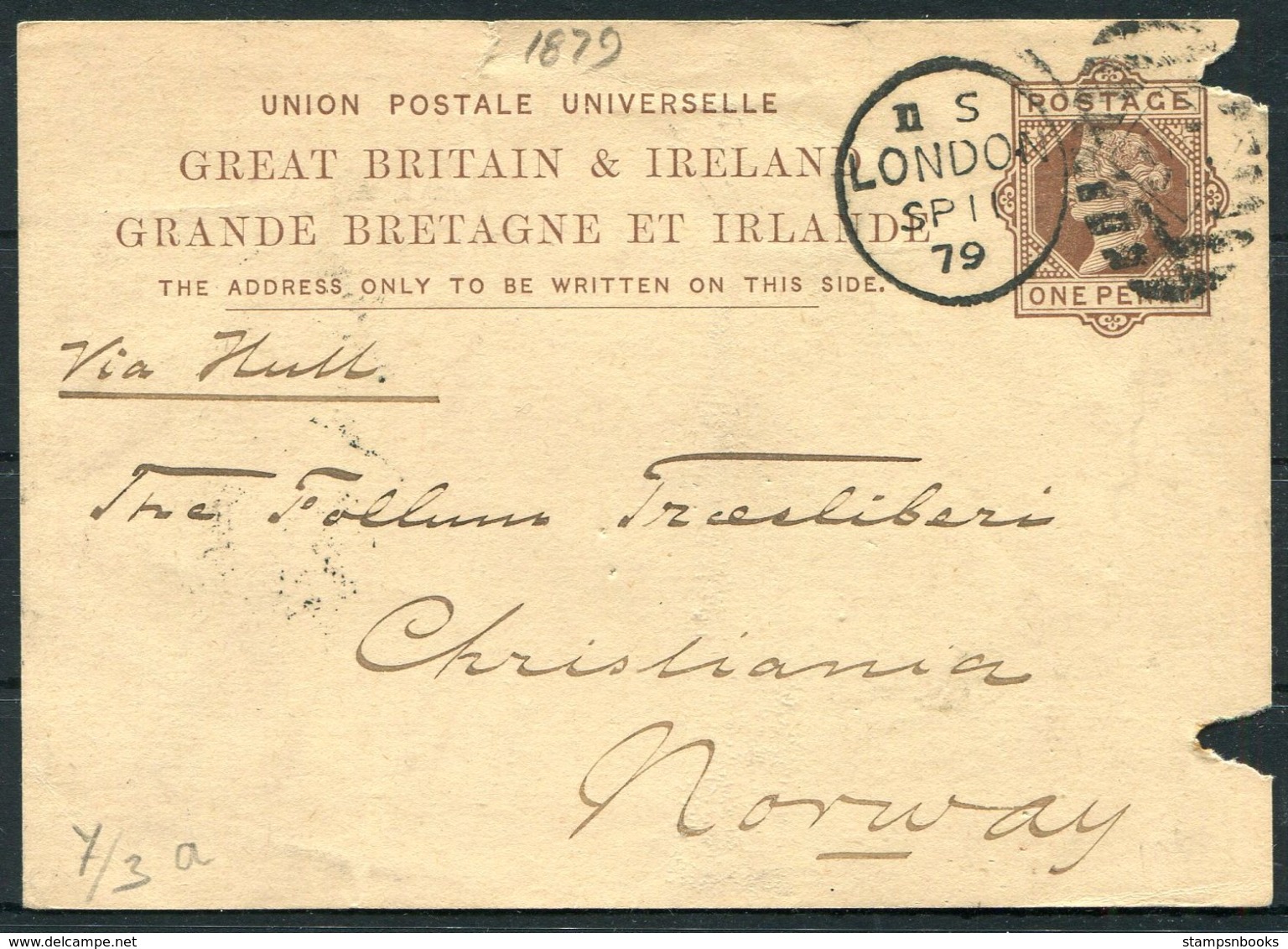 1879 1d Stationery Postcard, R. Sharpe Jnr. Fish Street Hill, London - Christiania Norway. London Inland Section Duplex - Stamped Stationery, Airletters & Aerogrammes