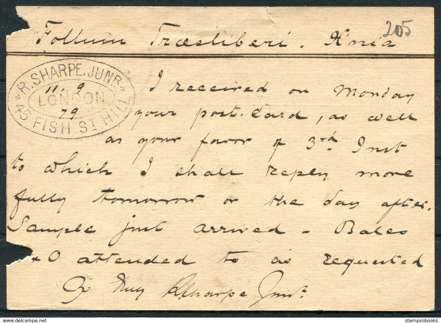 1879 1d Stationery Postcard, R. Sharpe Jnr. Fish Street Hill, London - Christiania Norway. London Inland Section Duplex - Material Postal