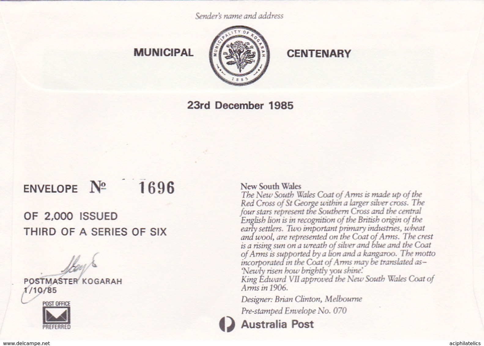 Australia 1985 Kogarah Centenary Celebrations,Carss Cottage, Souvenir Cover - Postmark Collection