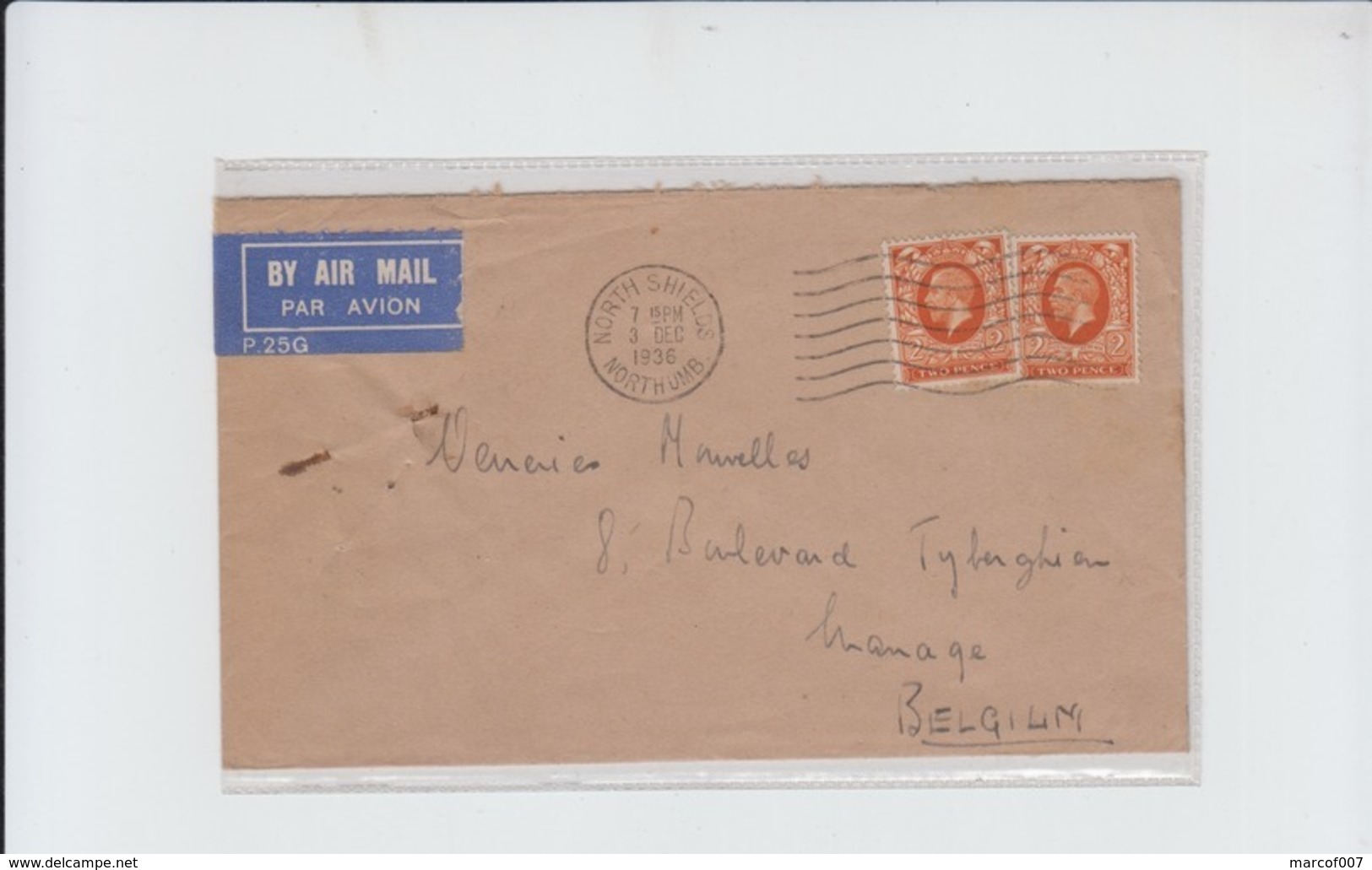 North Shields Air Mail  TO  BELGIUM MANAGE - 1936 - Covers & Documents