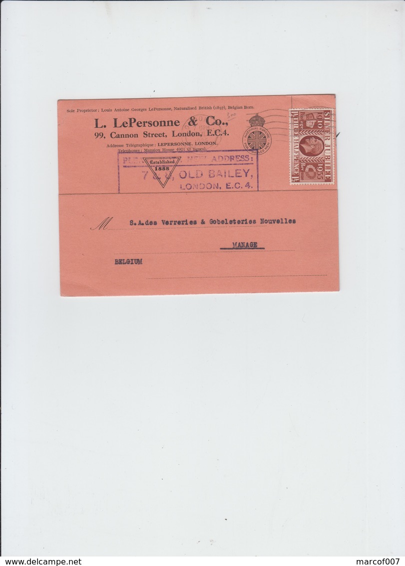 SILVER JUBILEE - LONDON TO BELGIUM - MANAGE - 1935 - Covers & Documents