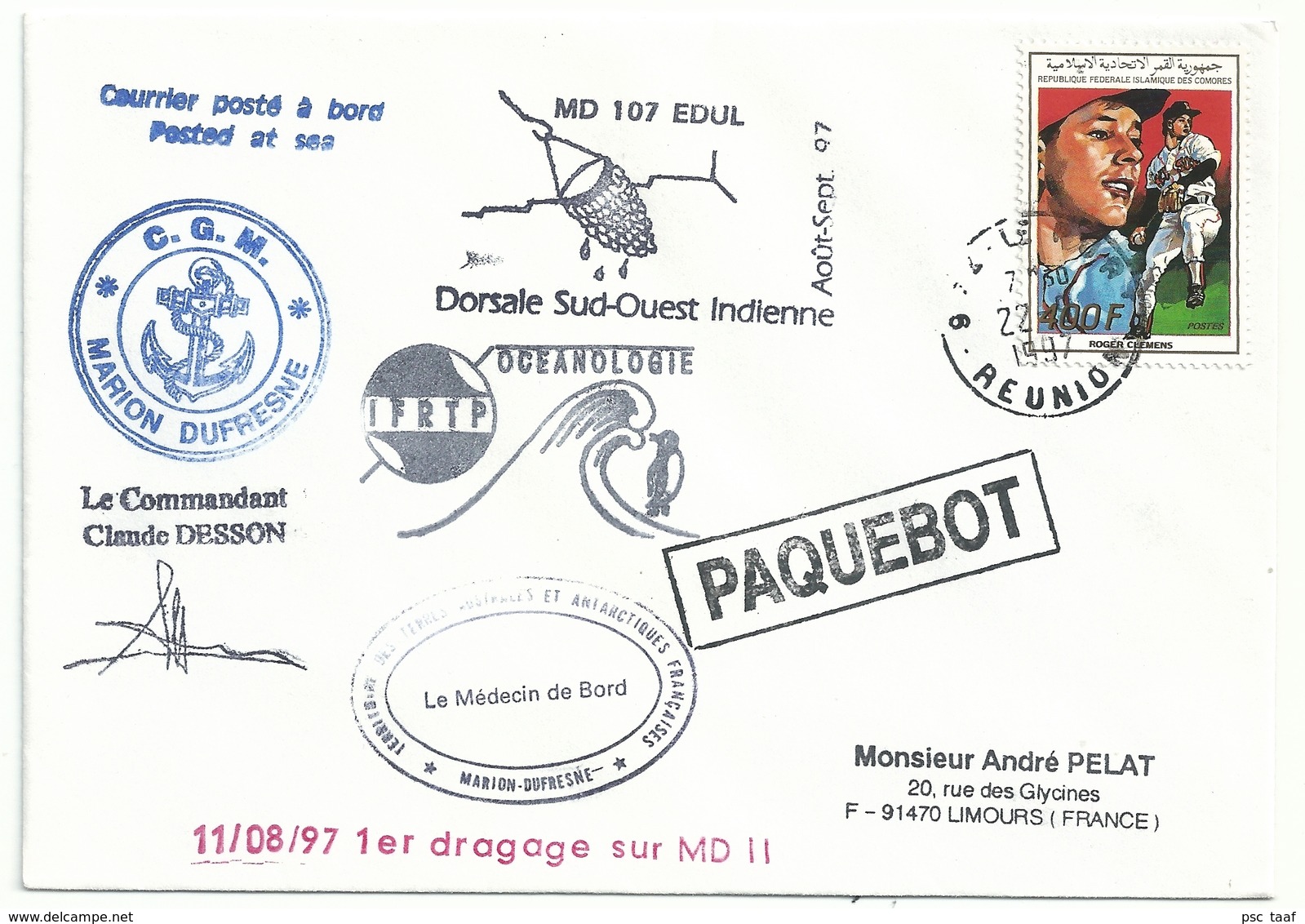 Base-ball - Posté à Bord Du MD - Le Port - La Réunion - 22/09/1997 - Isole Comore (1975-...)
