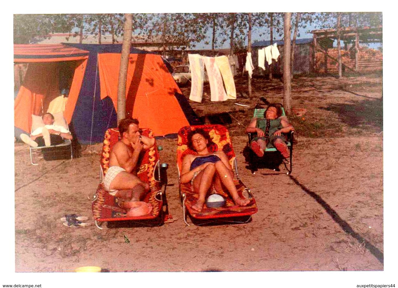 Photo Couleur Amateur B.B. Originale Ambiance Camping, Sieste & Farniente Sur Chaises Longues En Famille Vers 1960 - Luoghi