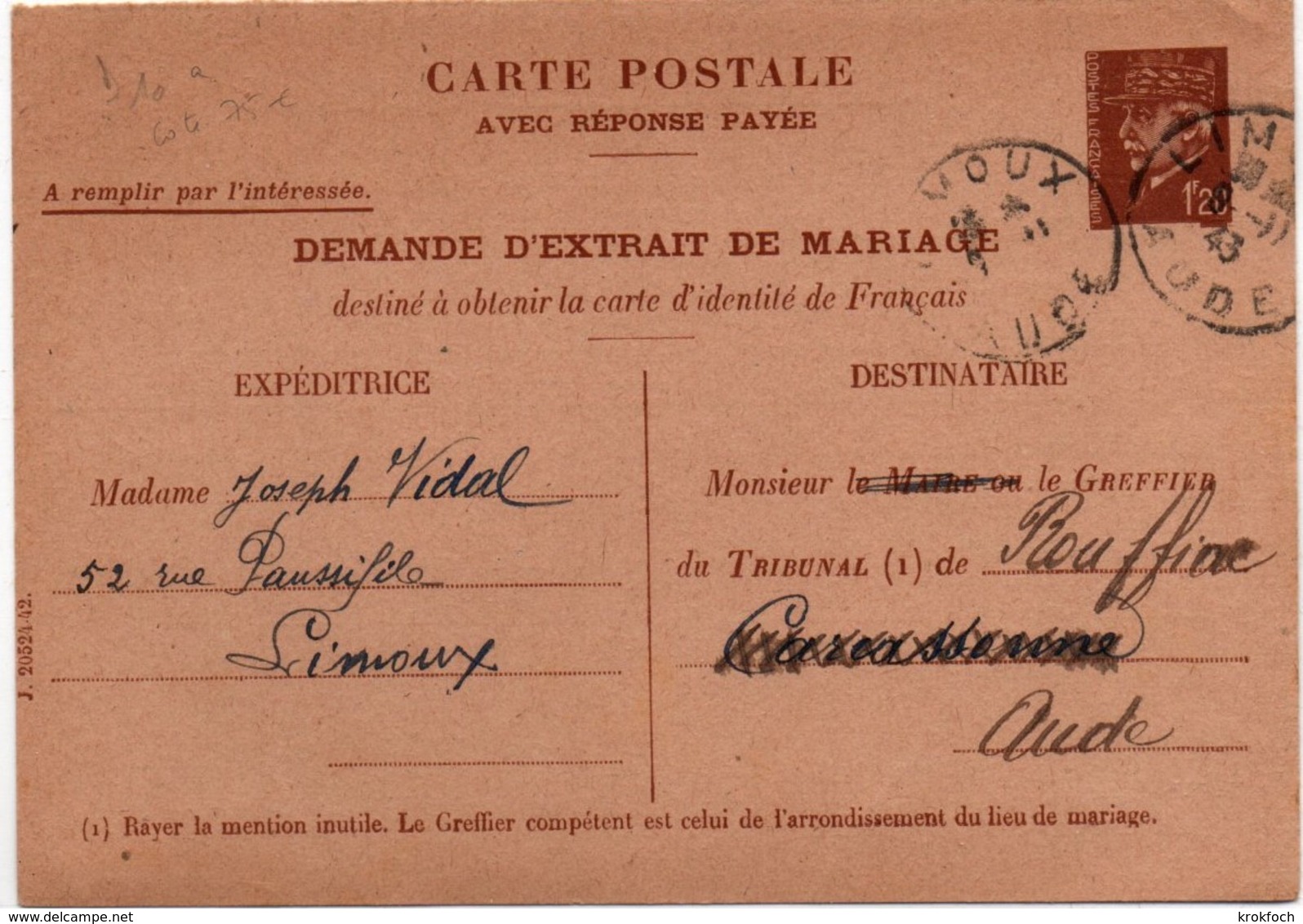 Carte Pétain Demande Extrait De Mariage - De Limoux 1943 Pour Rouffiac - Storch D10a Cote 75 € - Standard- Und TSC-AK (vor 1995)