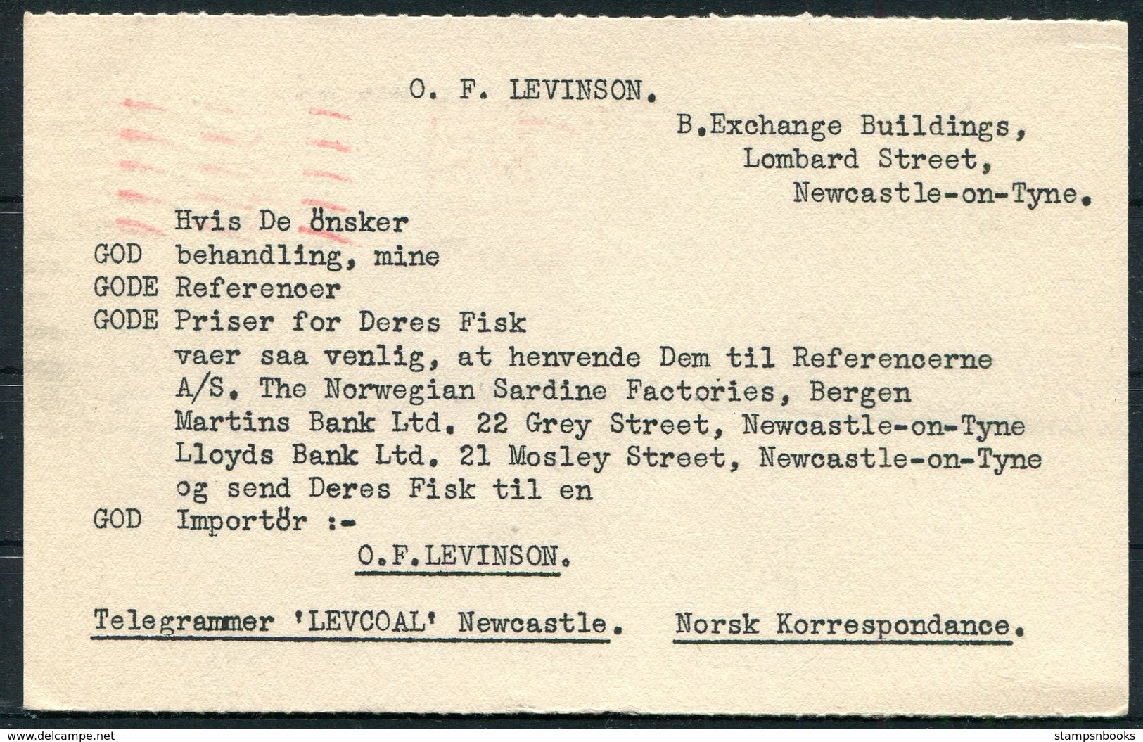 1930 GB Levinson, Fish Merchant, Lombard Street, Newcastle Postcard - Jennestad Norway. Krag Machine Cancel - Covers & Documents