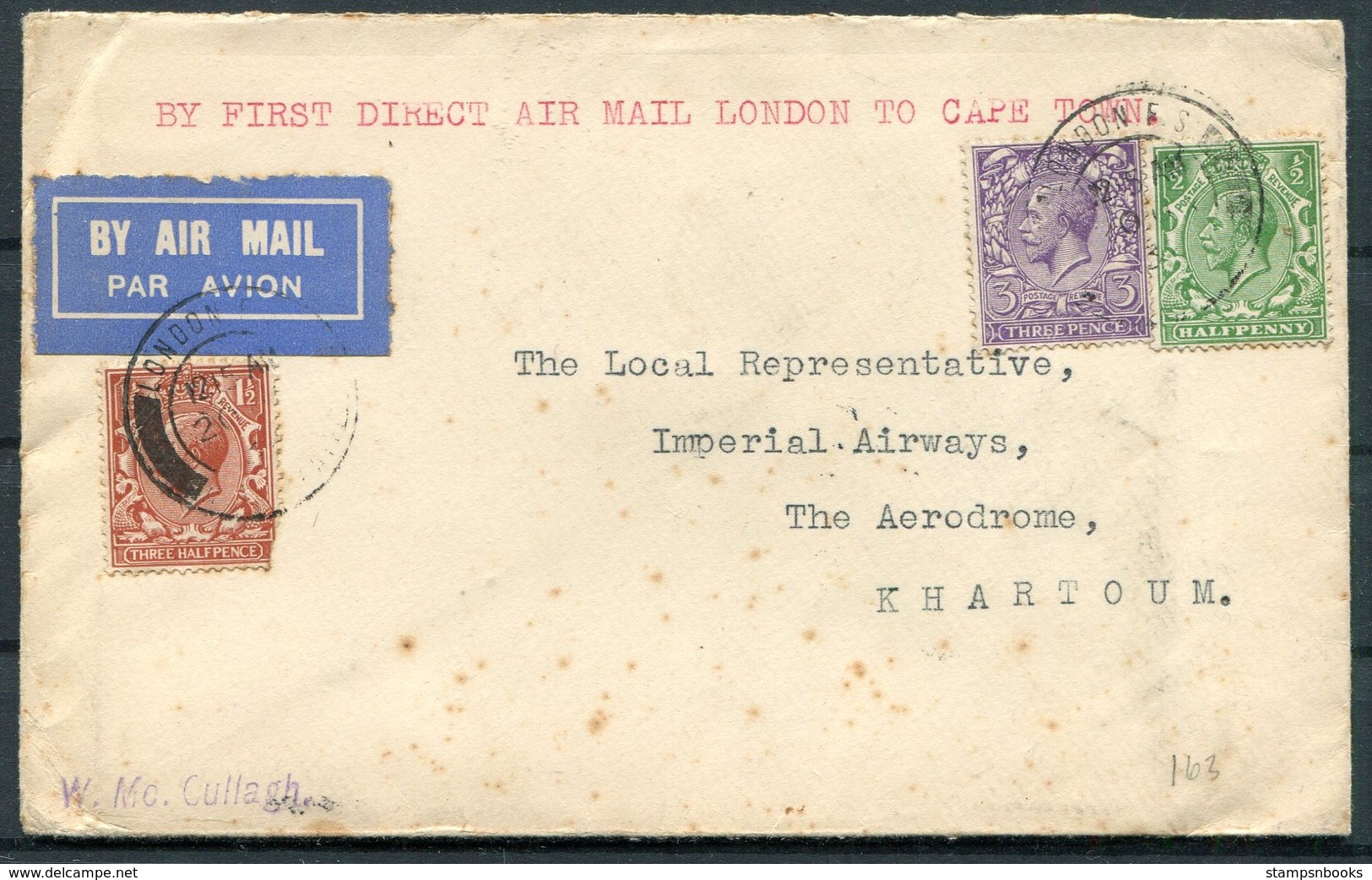 1932 GB Imperial Airways First Flight London - Cape Town - Khartoum Sudan Air Mail - Covers & Documents