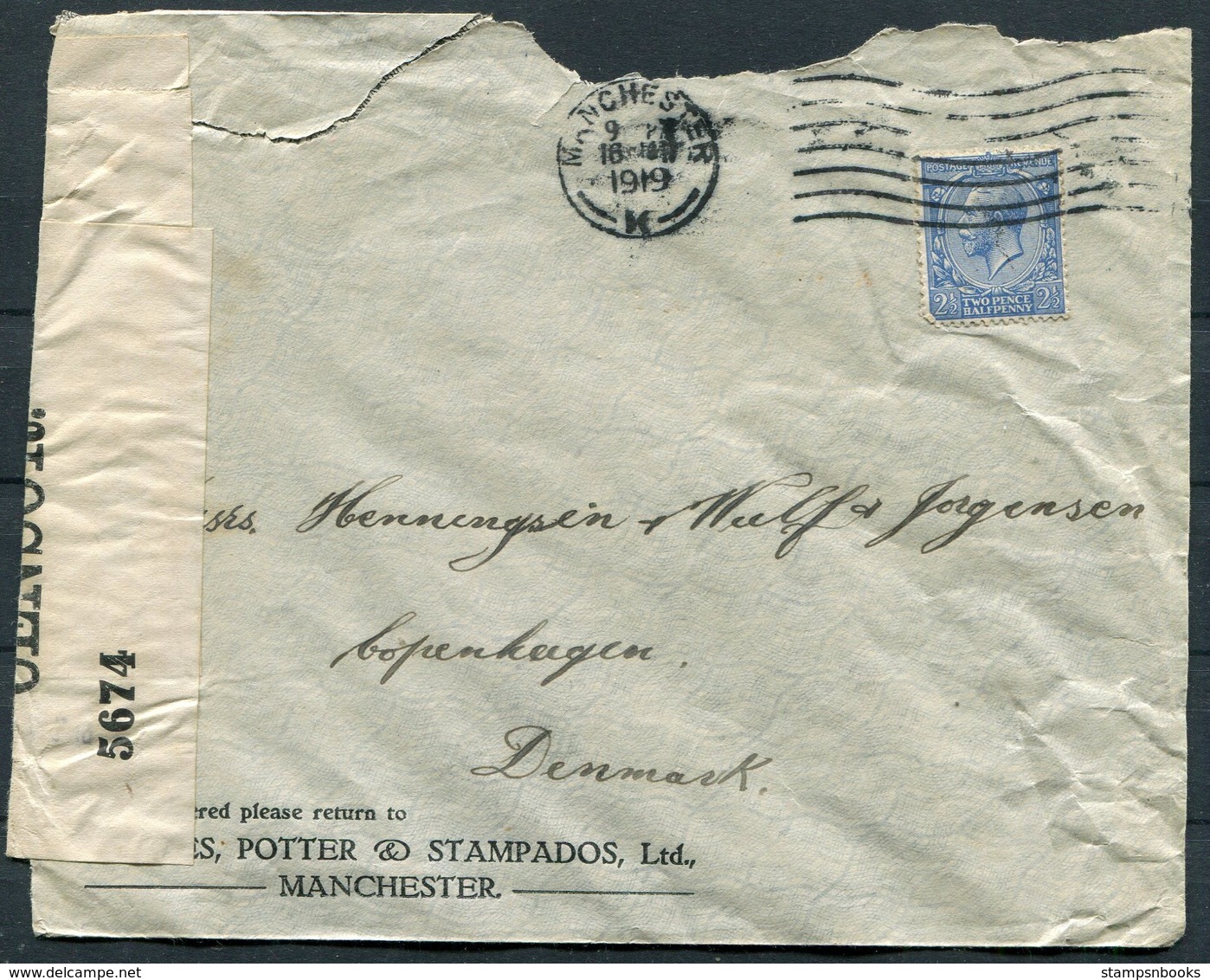 1919 GB Manchester Coates, Potter And Stampados (Malt Exporters) Censor Cover - Copenhagen Denmark. - Covers & Documents