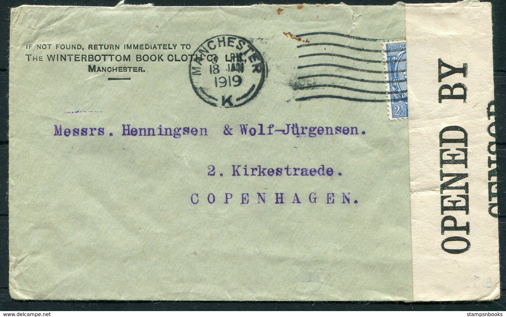 1919 GB Manchester, Winterbottom Book Cloth Co.Censor Cover - Copenhagen Denmark. - Covers & Documents