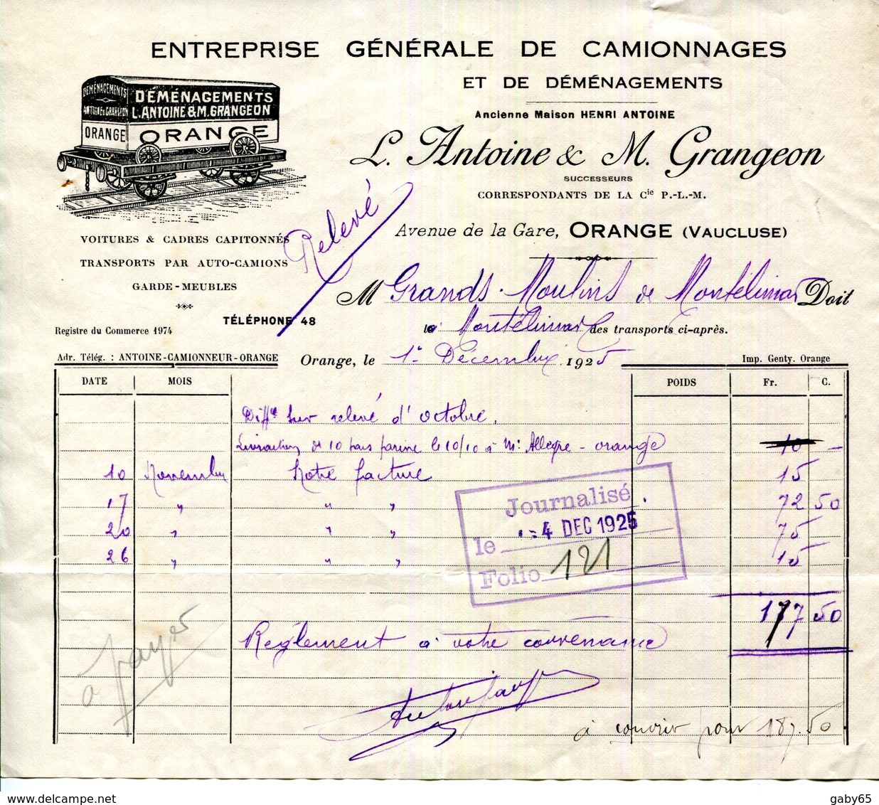 84.ORANGE.ENTREPRISE GENERALE DE CAMIONAGES & DEMENAGEMENTS.L.ANTOINE & M.GRANGEON AVENUE DE LA GARE. - Transport