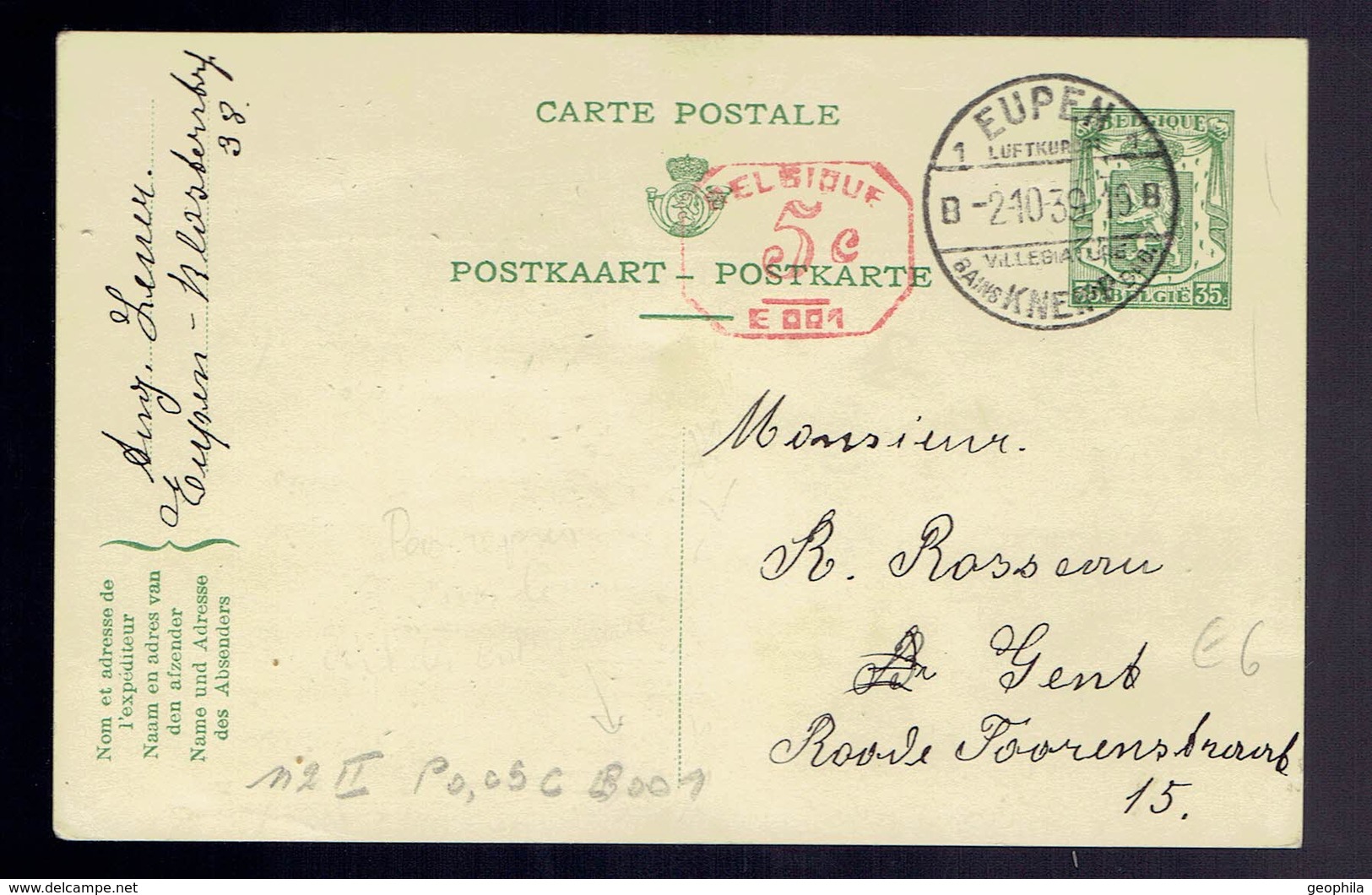 CP 112 II + 5c B001 Eupen Touristique 2-10-39 Vers Gent - Cartes Postales 1934-1951