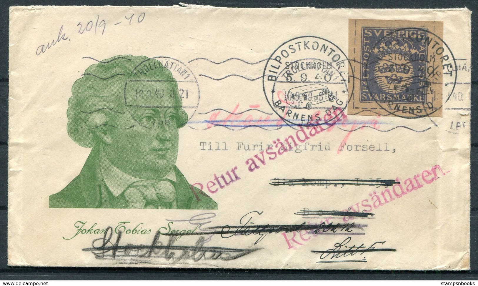 1940 Sweden Svarsmarke Cover. Bildpostkontor Barnens Dag, Retour Avsandaren. Trollhattan - Militaires