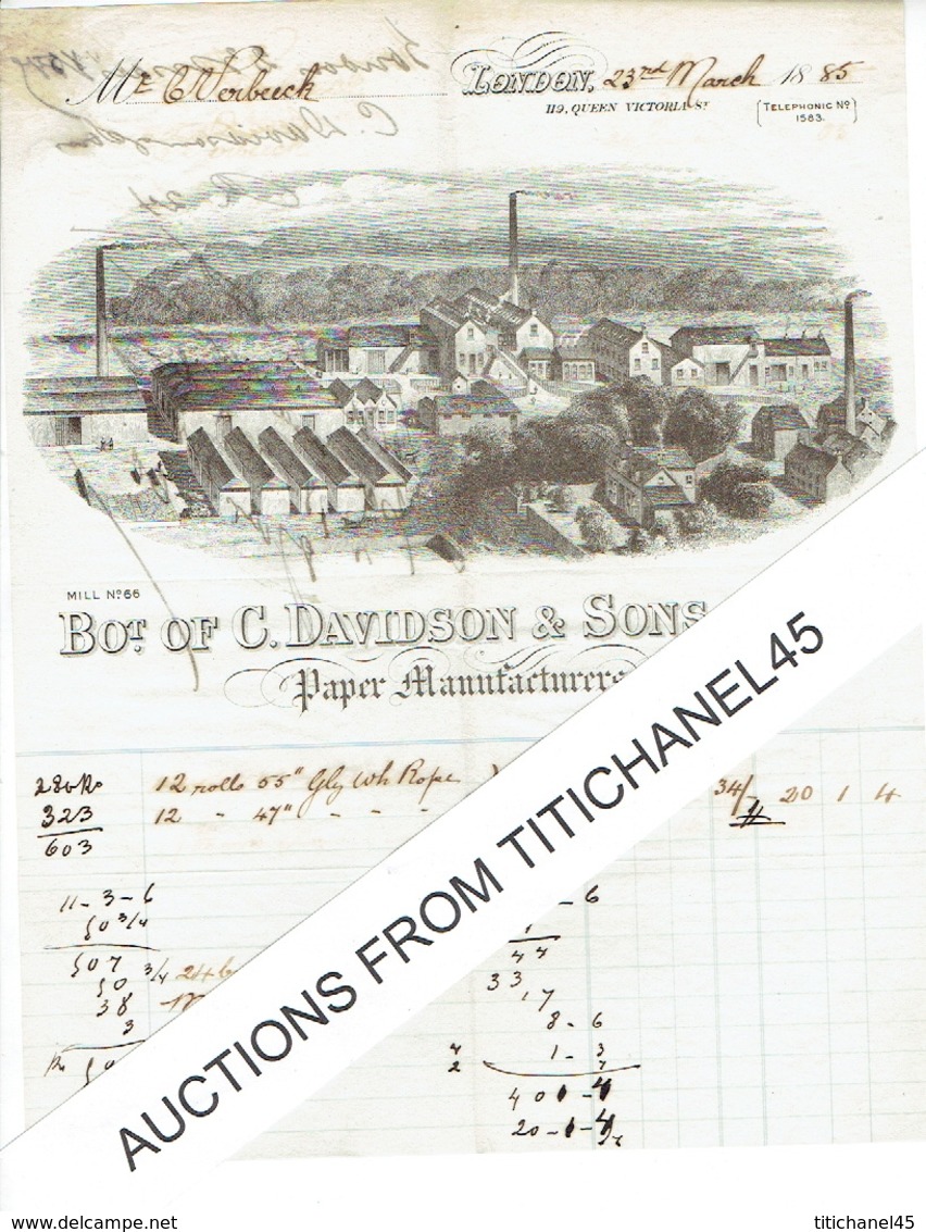 1885 LONDON Very Nice Invoice With Lithograph  - Bot. Of C. DAVIDSON & Sons Ltd - Paper Manufacturers - Royaume-Uni