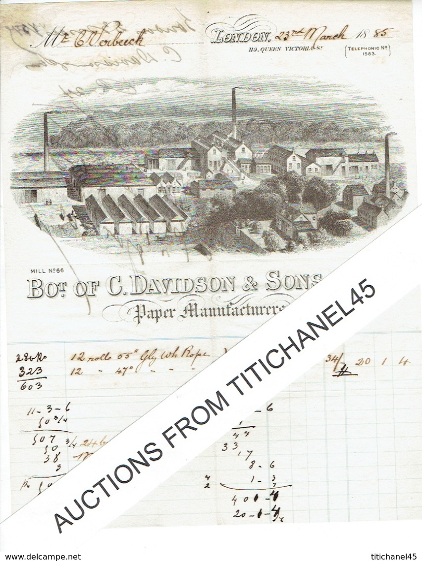 1885 LONDON Very Nice Invoice With Lithograph  - Bot. Of C. DAVIDSON & Sons Ltd - Paper Manufacturers - Verenigd-Koninkrijk