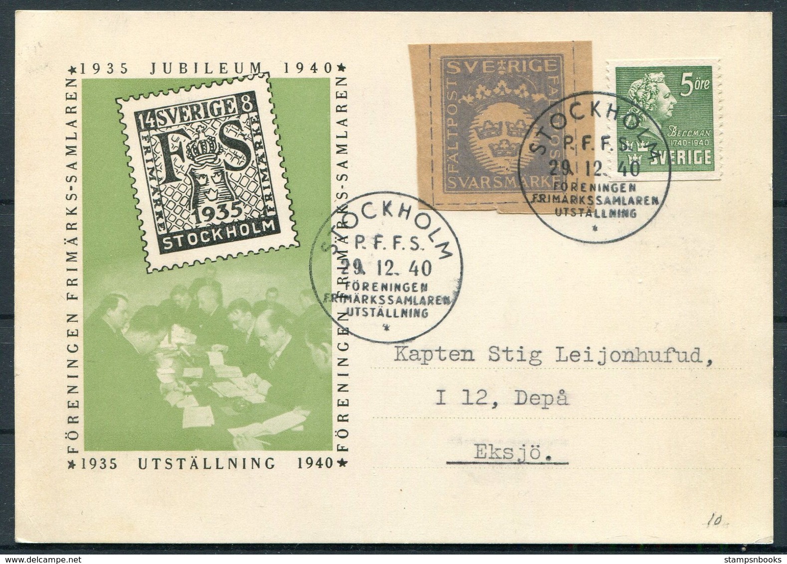 1940 Sweden Svarsmarke Faltpost Postcard. Stockholm P.F.F.S. Philatelic Exhibition - Military