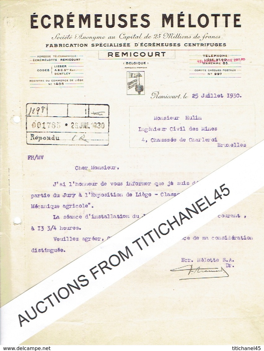 Lettre De REMICOURT 1930 - ECREMEUSES MELOTTE - Fabrication Spécialisée D'écrémeuses Centrifuges - Autres & Non Classés