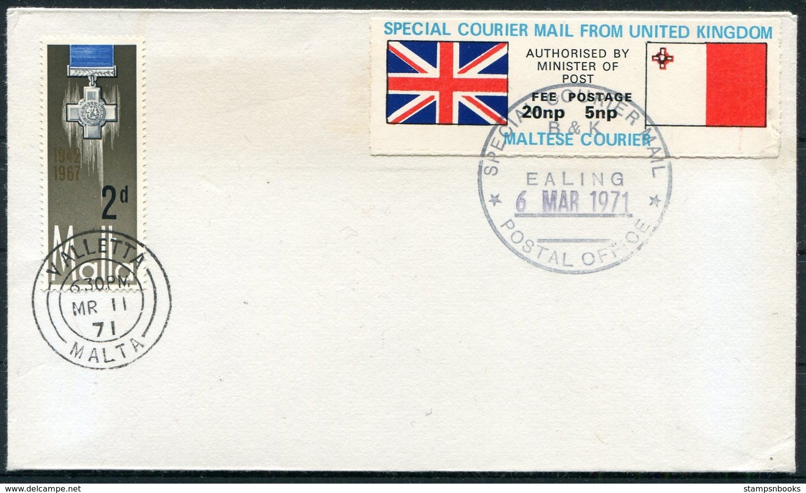 1971 Malta GB Postal Strike Special Courier Cover. Valletta Ealing - Malta