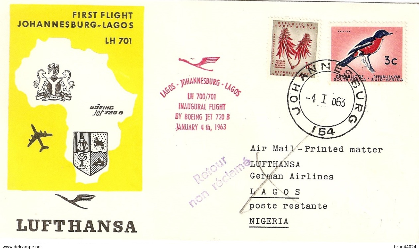 Premier Vol Lagos/Johannesburg/Lagos Par Lufthansa Le 4 Janvier 1963 - Avions