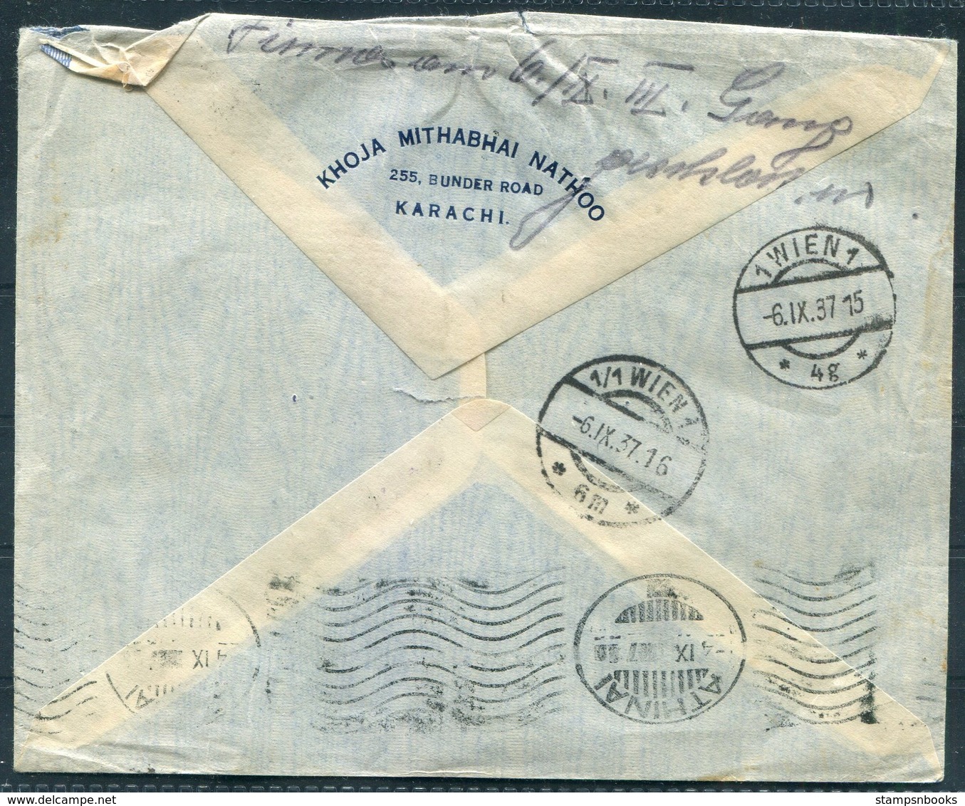 1937 India Airmail Cover Karachi - Vienna Austria Via Athens - 1936-47 King George VI