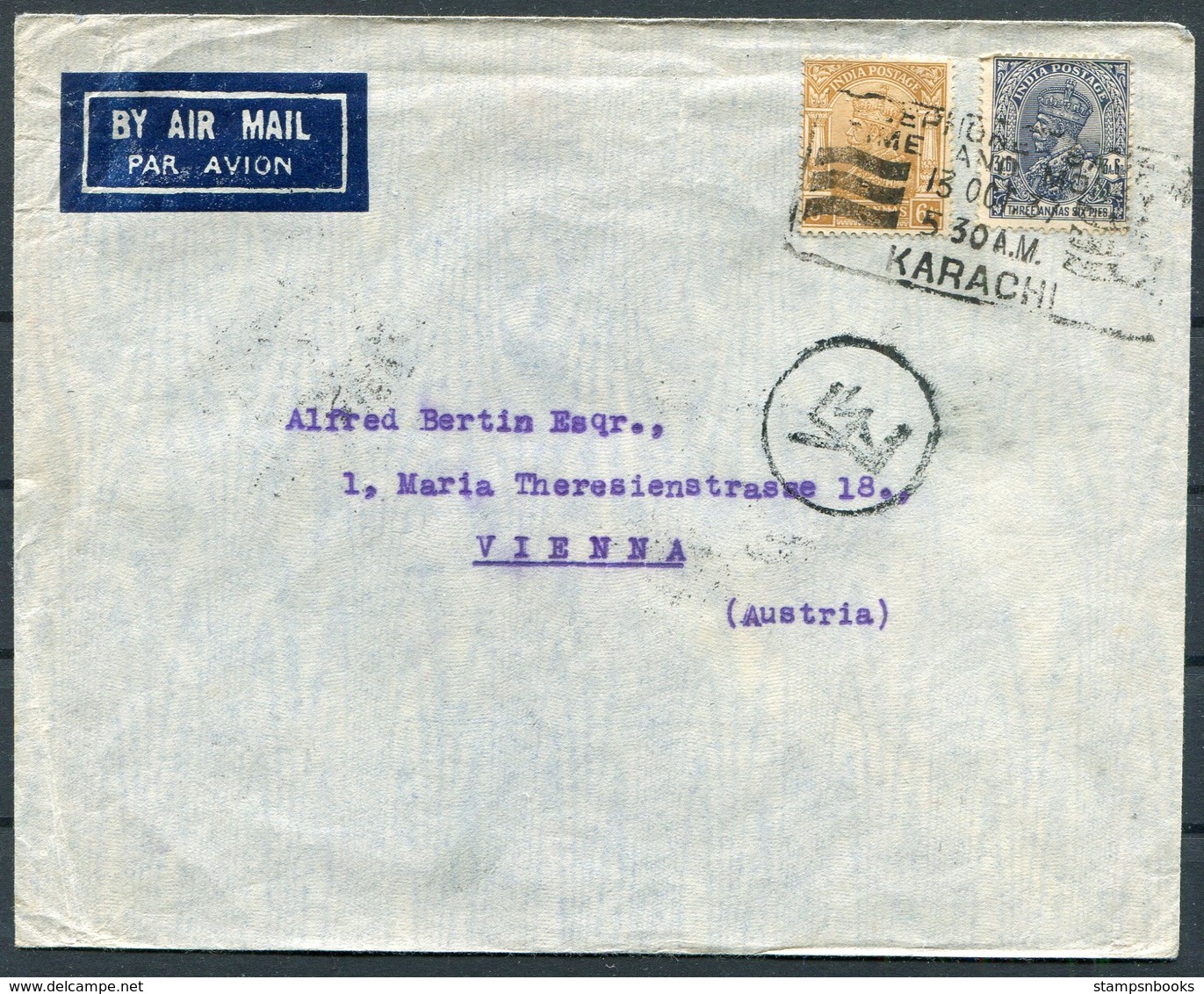 1937 India Airmail Cover Karachi - Vienna Austria Via Athens Greece - 1936-47 King George VI