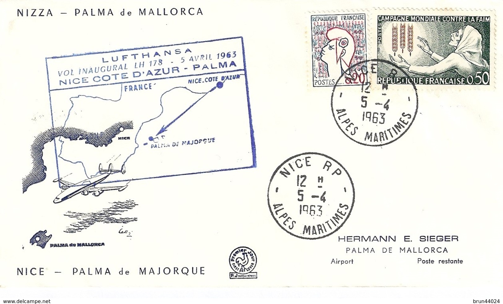 Deux Enveloppes Premier Vol Nice/Palma De Majorque Et Retour Le 5 Avril 1963 - Avions