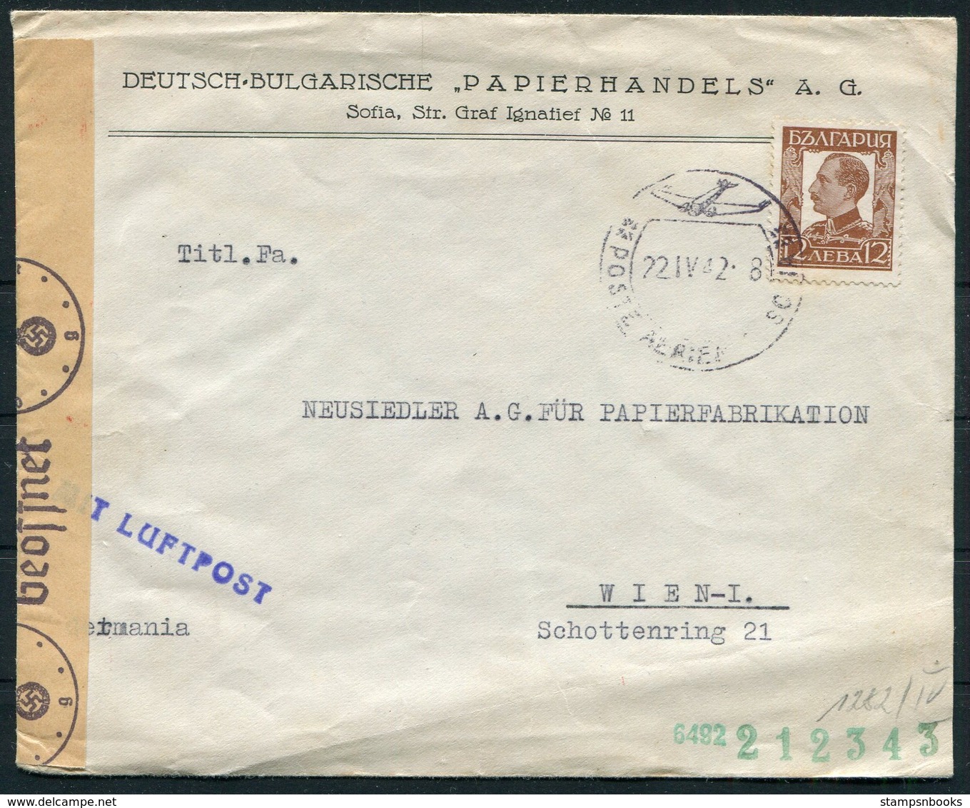 1942 Bulgaria Deutsche - Bulgarische Papierhandels A.G. Censor Cover, Sofia Airmail Luftpost - Wien Austria - Covers & Documents
