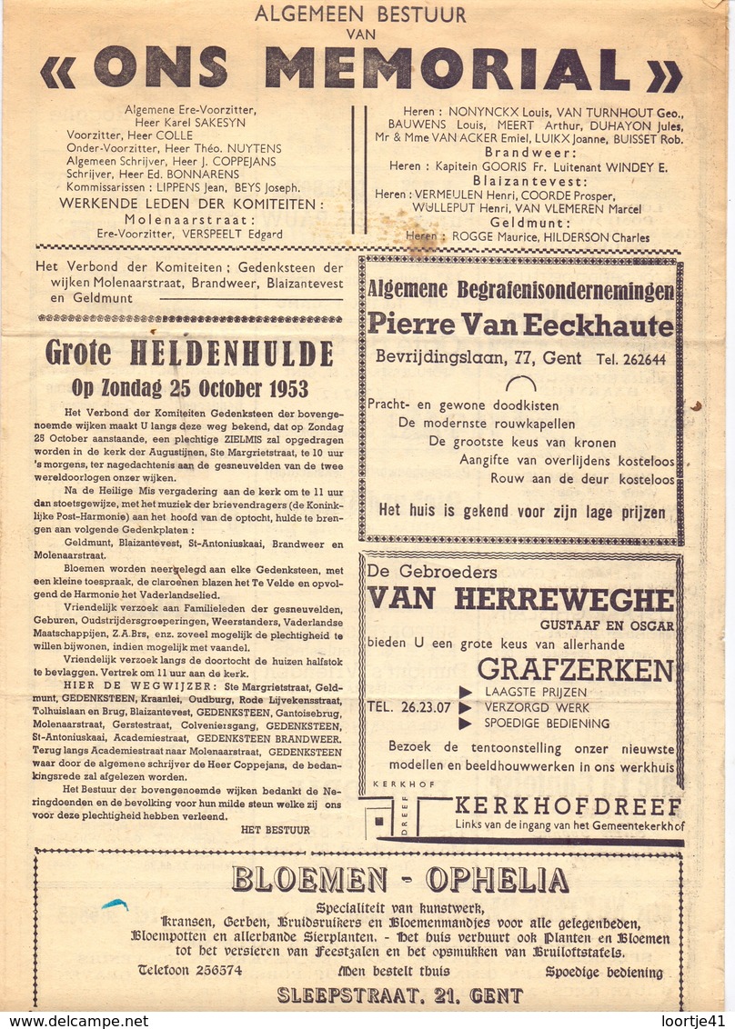 Magazine Tijdschrift - Ons Memoriaal - Grote Heldenhulde Gent 1953 - Pub Reclame - Sin Clasificación