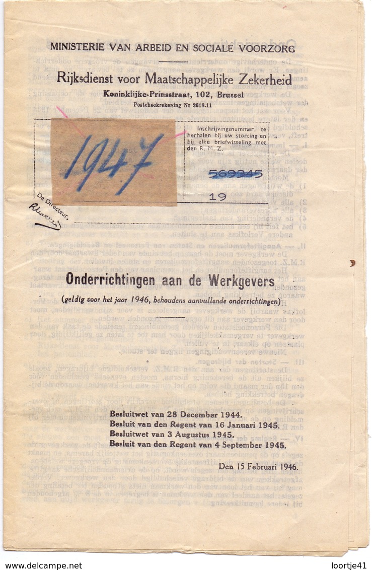 Wetten , Decreten - Ministerie Van Arbeid - Onderrichtingen Aan De Werkgevers - 1946 - Décrets & Lois