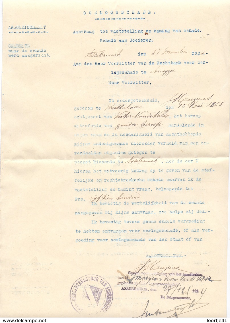 Brief Lettre - Oorlogsschade Aan Goederen Gemeente Assebroek - Oorlog 1914 - 1918 - Non Classés