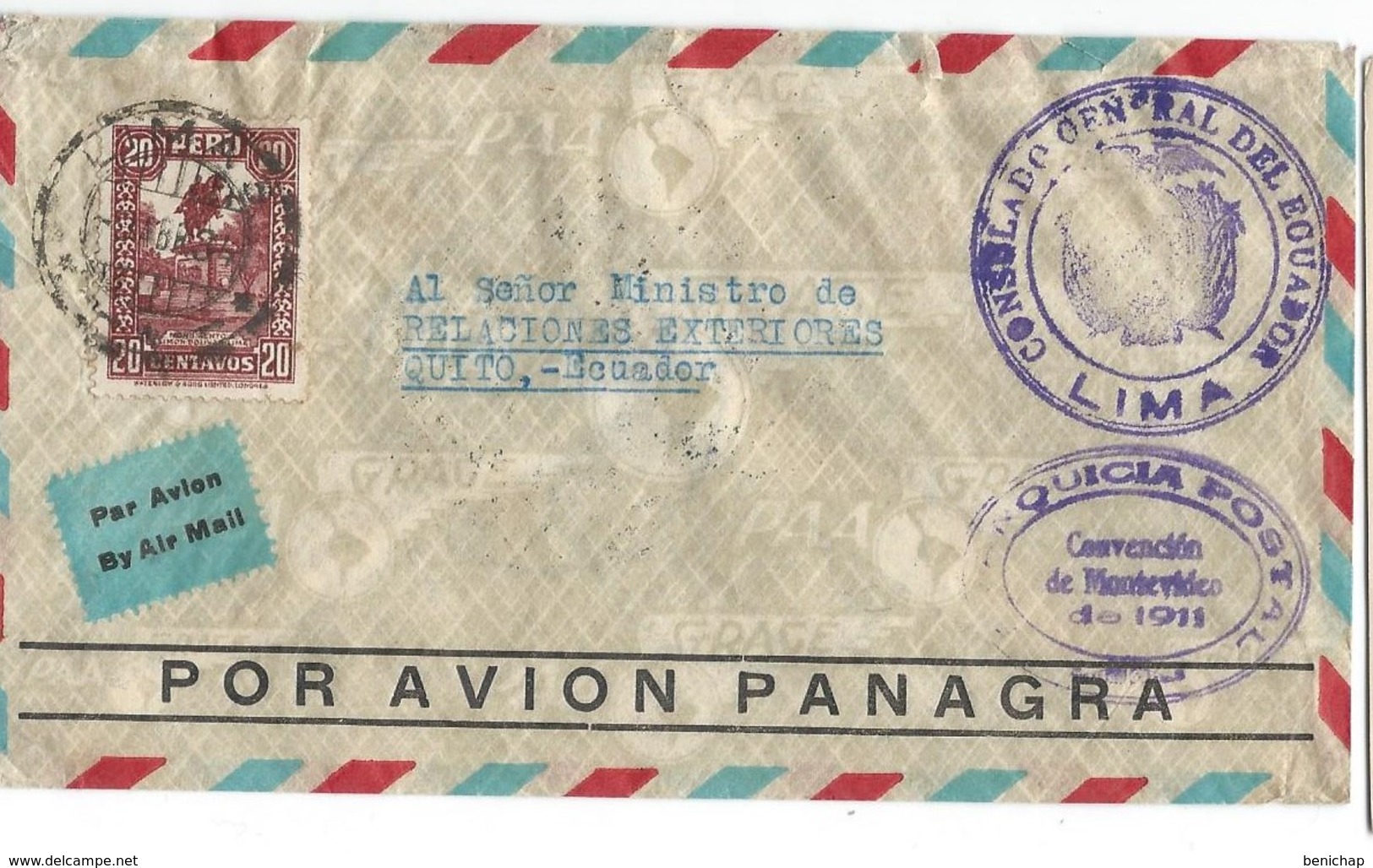 COVER CORREOS  PEROU - POR AVION PANAGRA - LIMA - QUITO - ECUADOR - 1934. - Peru