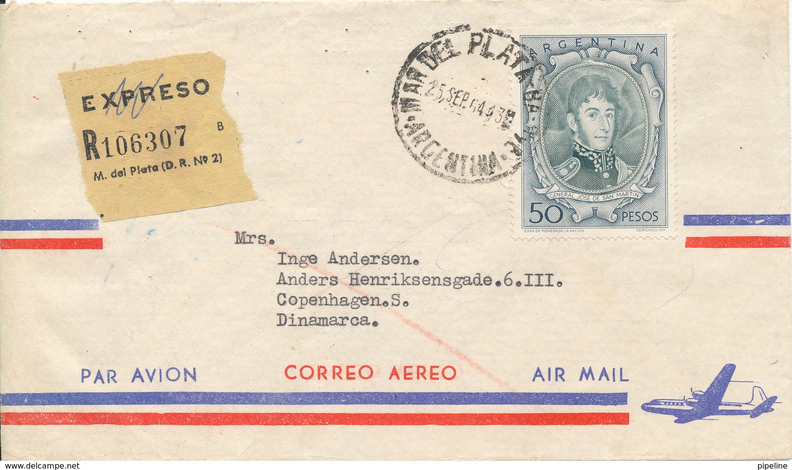 Argentina Registered Air Mail Cover Sent To Denmark 25-9-1964 Single Franked - Poste Aérienne