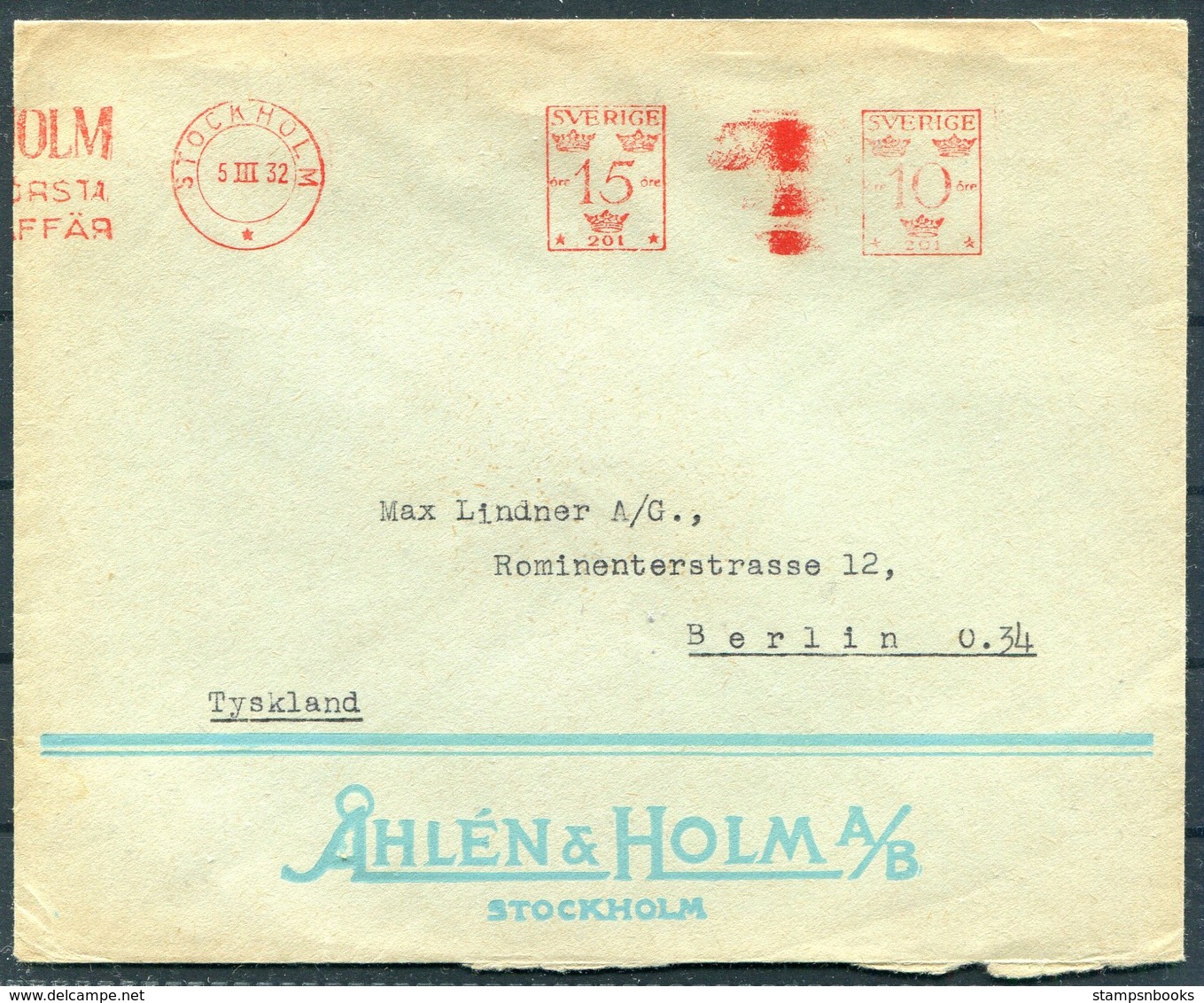 1932 Sweden Stockholm 25ore  Franking Machine, Metermark Cover. Ahlen & Holm - Berlin Germany - Covers & Documents