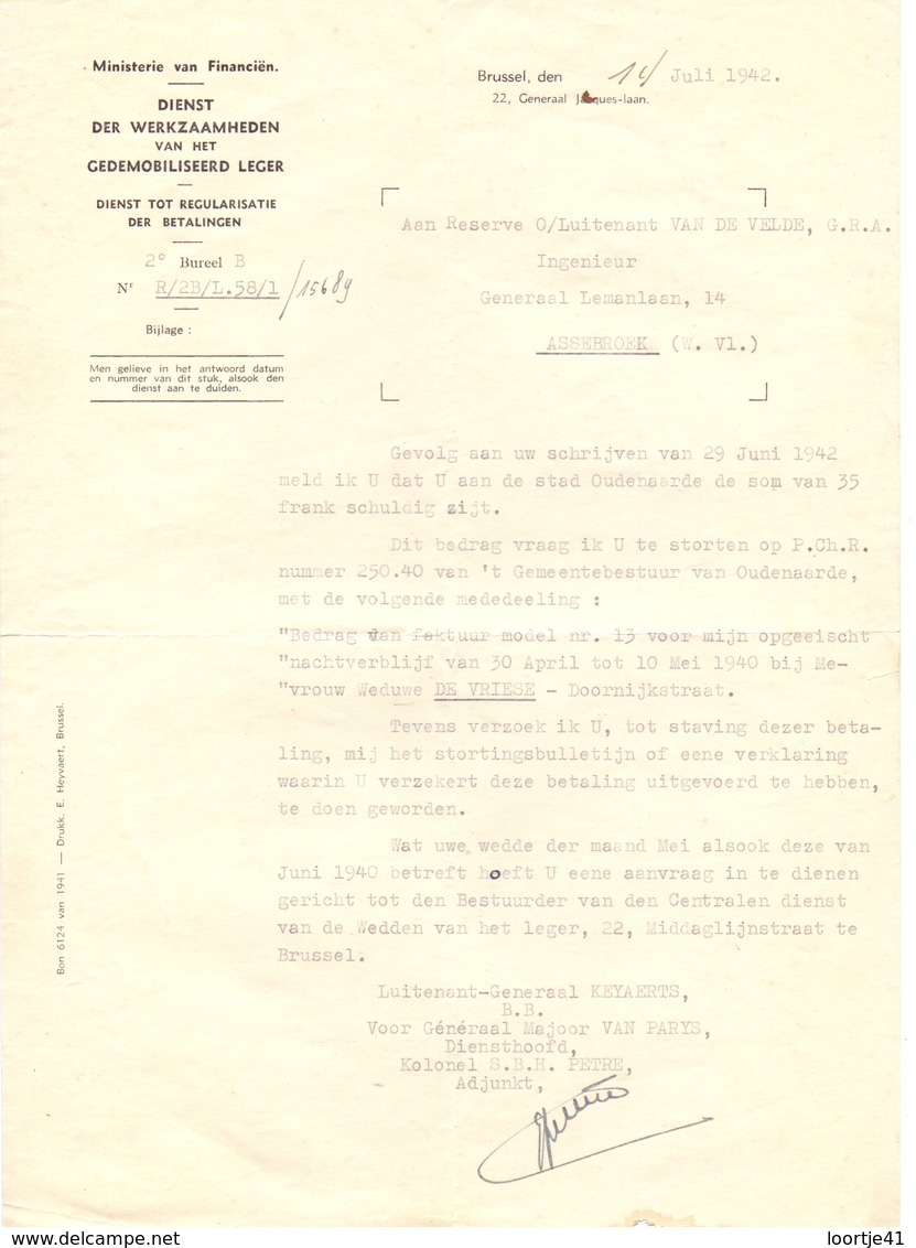 Brief Lettre - Oorlog - Belgisch Gedemobiliseerd Leger - Dienst Betalingen - Brussel 1942 - Zonder Classificatie