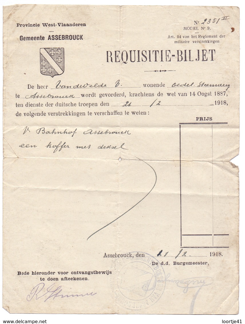 Brief Lettre - Oorlog 1914 - 1918 - Requisitie Biljet Gemeente Assebroek - Dienst Duitse Troepen 1918 - Non Classés