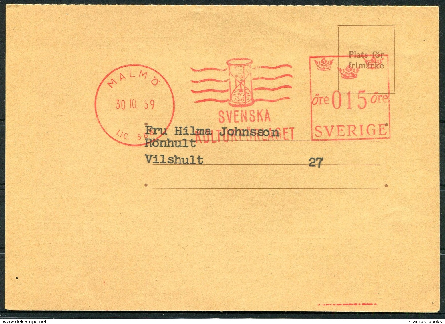 1959 Sweden Malmo 15ore Svenska Kulturforlaget Franking Machine, Metermark Postcard. - Covers & Documents